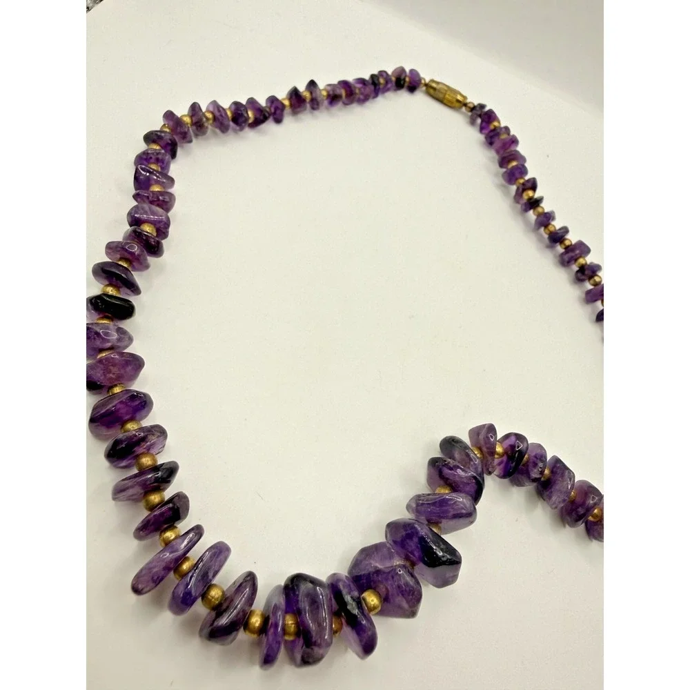 Vtg Amethyst Necklace Chip Bead Purple‎ Stone Nugget Gold Tone Boho 18